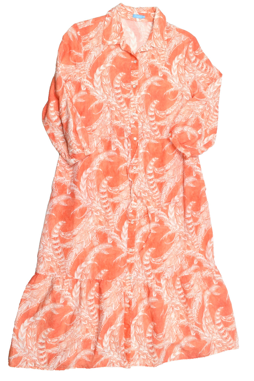 J.McLaughlin Shirt Dress Womens Medium Orange White Floral Linen Long Sleeve Mid